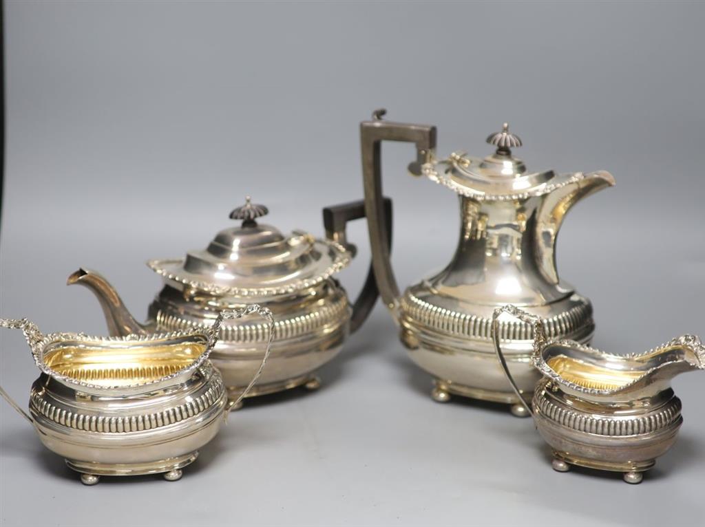 A silver four-piece tea service, London shape, George Nathan & Ridley Hayes, Chester 1907, 1911 & 1912, gross 57.84oz.